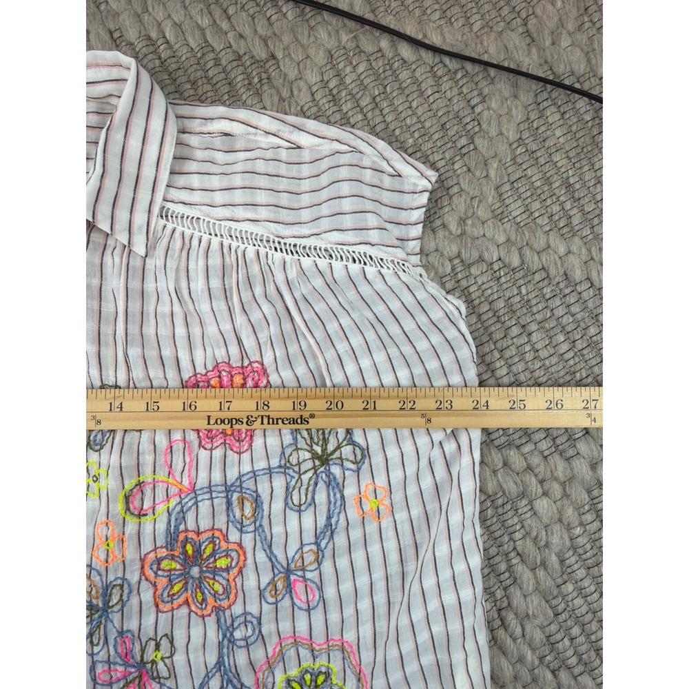 Pilcro by Anthropologie Floral Embroidered Striped Top Women Small Boho Linen - Picture 7 of 8